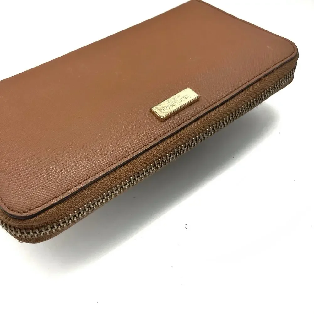 Kate Spade Cognac Saffiano Leather Zip Around Continental Wallet Gold Logo 2010s